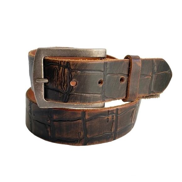 Brown Italian Leather Belt Mock Croc Embossed Statement Silver Buckle Mens Large - Picture 1 of 9